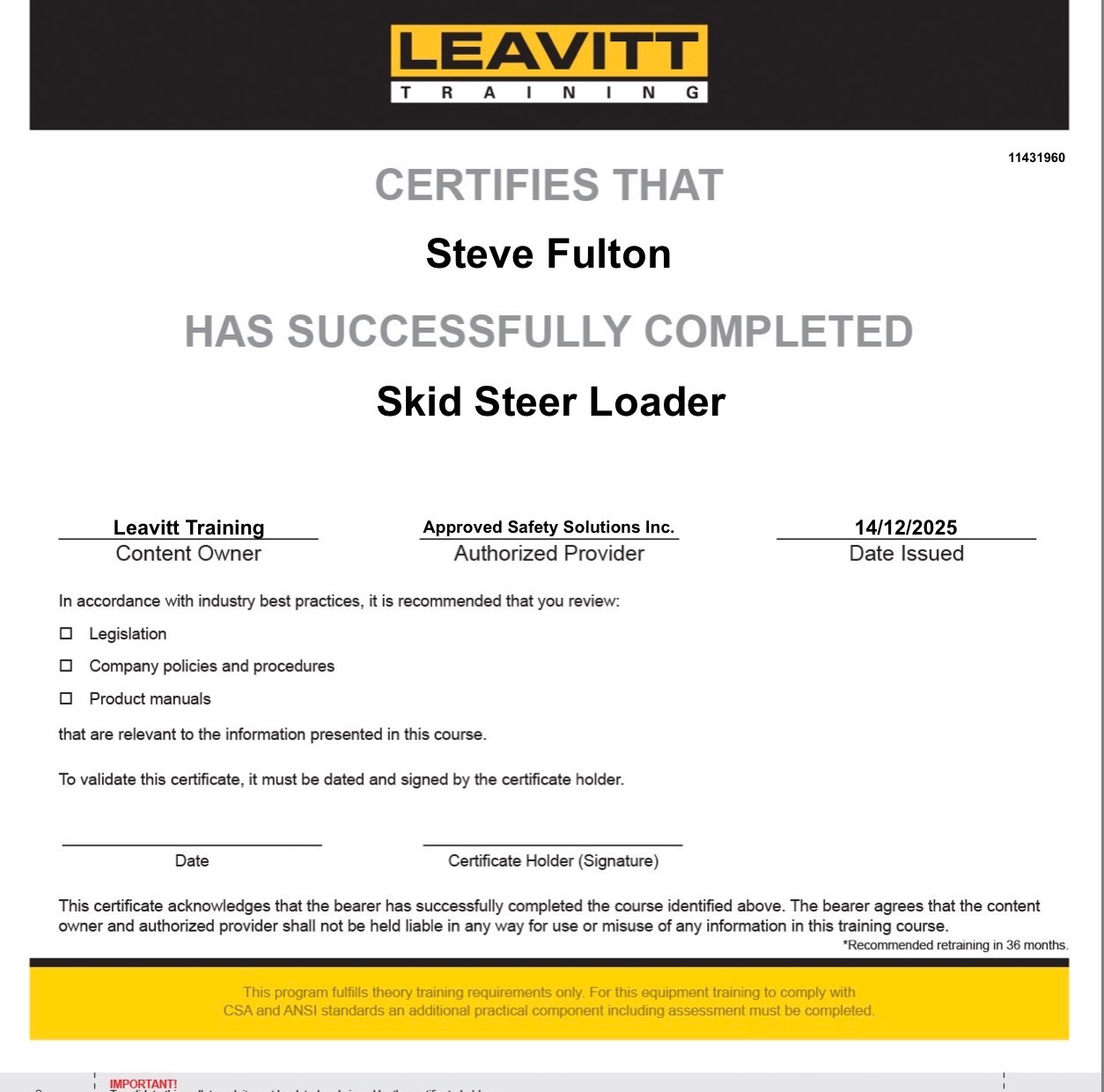 Skid Steer Loader Certification